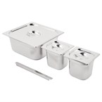 Juego cubetas Vogue acero inoxidable 2 x GN 1/6, 1 x GN 2/3 150mm con tapas y barra soporte