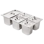 Juego cubetas Vogue acero inoxidable 1 x GN 1/3 4 x GN 1/6 150mm con tapas y barras soporte