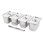 Juego 4 cubetas Vogue acero inoxidable GN 1/4 150mm con tapas y barra soporte