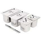 Juego cubetas Vogue acero inoxidable 2 x GN 1/3 2 x GN 1/6 150mm con tapas y barra soporte