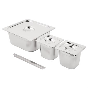 Juego cubetas Vogue acero inoxidable 2 x GN 1/6, 1 x GN 2/3 150mm con tapas y barra soporte