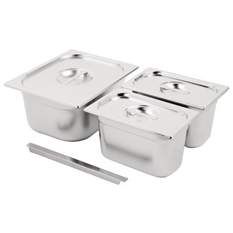 Juego cubetas Vogue acero inoxidable GN 1/2, 2 x GN 2/4 150mm con tapas y barra adaptadora