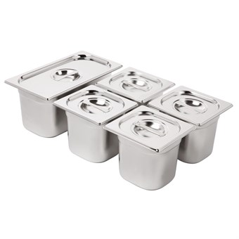 Juego cubetas Vogue acero inoxidable 1 x GN 1/3 4 x GN 1/6 150mm con tapas y barras soporte