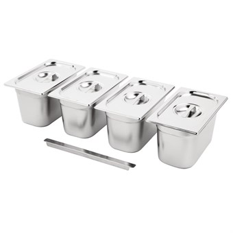 Juego 4 cubetas Vogue acero inoxidable GN 1/4 150mm con tapas y barra soporte
