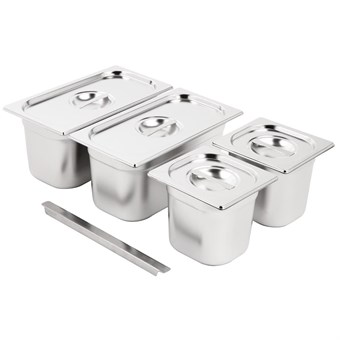 Juego cubetas Vogue acero inoxidable 2 x GN 1/3 2 x GN 1/6 150mm con tapas y barra soporte