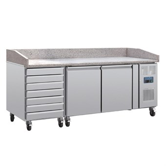 Mostrador pizza Polar Serie U mesa mármol 2 puertas y cajones compresor lateral