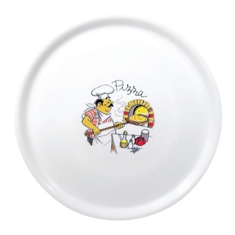 Plato para pizza de 310mm de porcelana Saturnia con decoración de chef