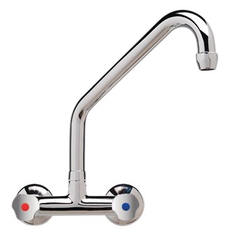 Grifo mezclador de pared de doble cavidad de uso intensivo con pomos giratorios y caño superior
